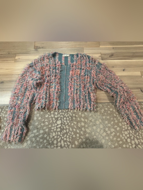 Sweaters - Fuzzy Fringe Knit Cardigan - Pink & Teal